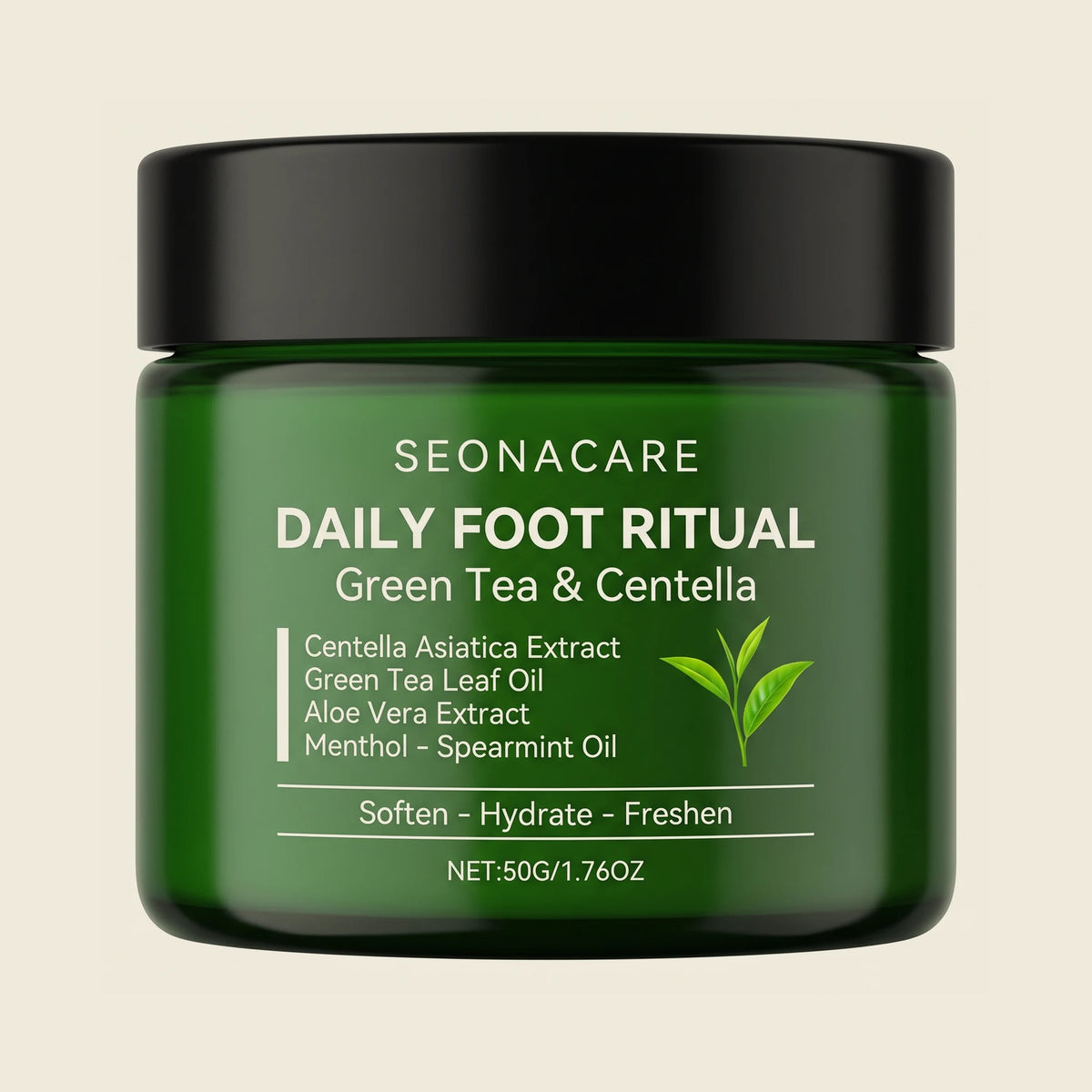 Seonacare Daily Foot Ritual, green glass jar with a black lid, front view on a cream background