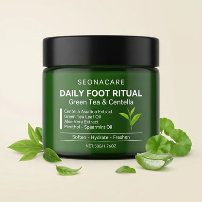 The jar surrounded by fresh green tea leaves, centella asiatica leaves and cut aloe vera