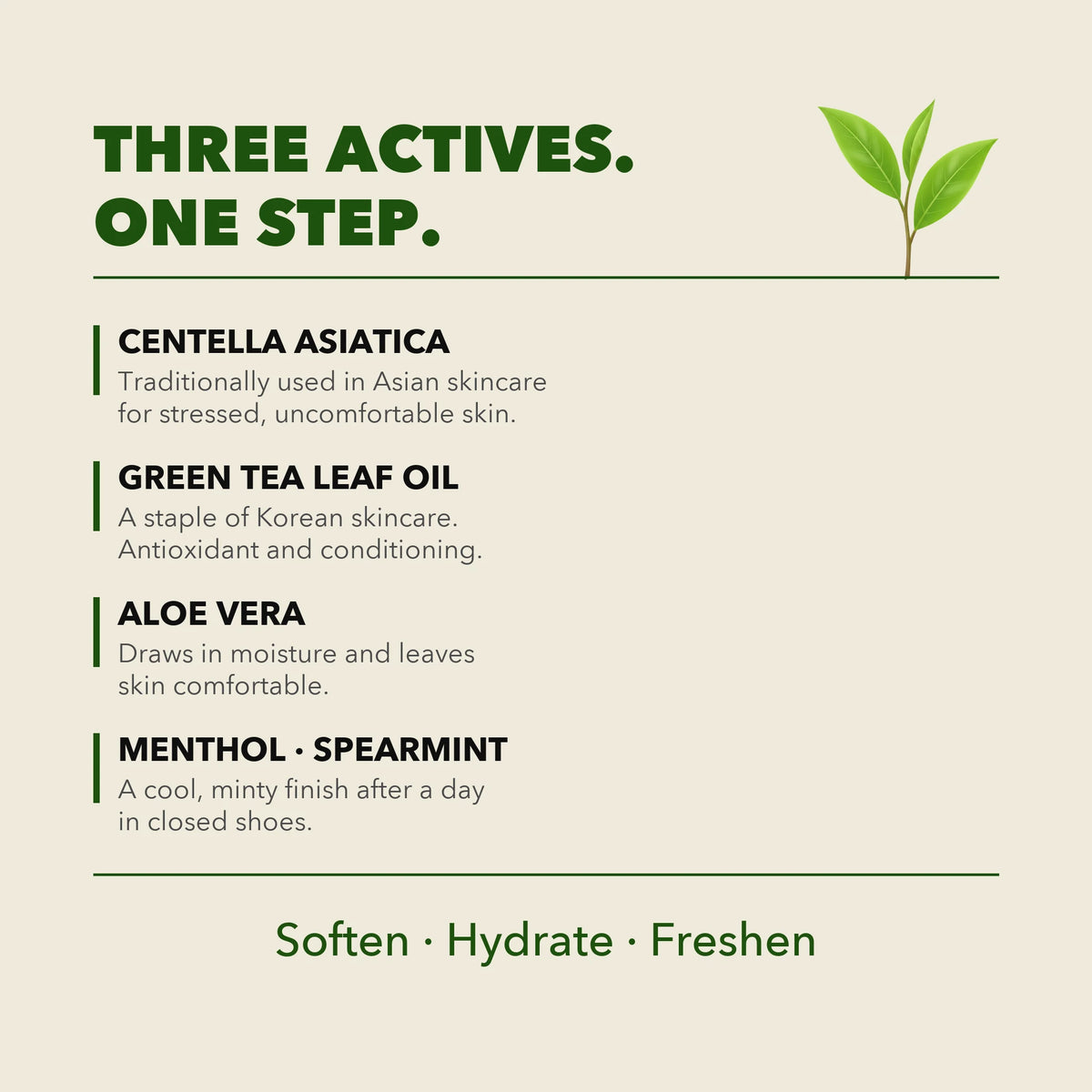 Three actives and a finish: centella asiatica, green tea leaf oil, aloe vera, menthol and spearmint. Soften, hydrate, freshen
