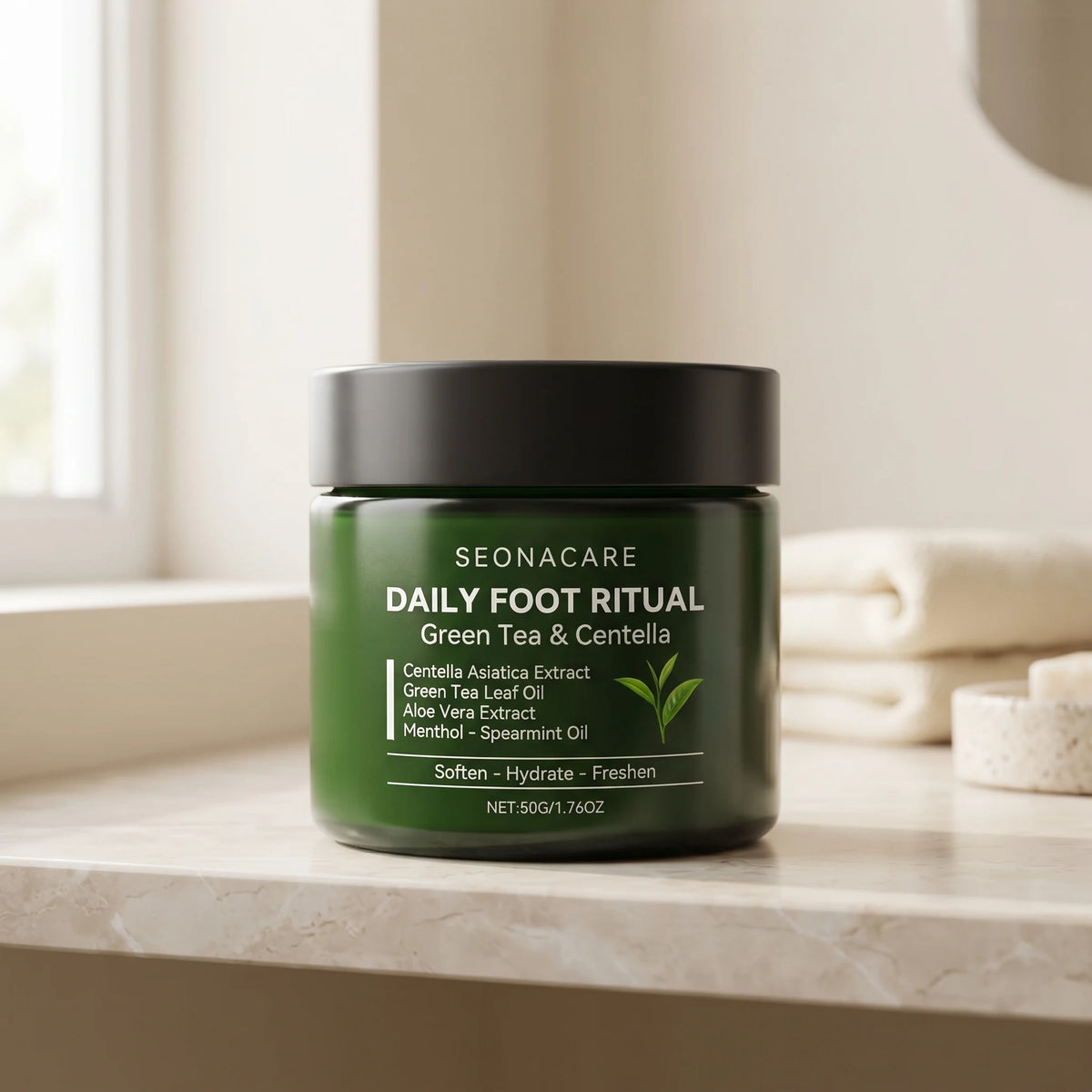 The jar resting on a bathroom shelf in soft natural daylight
