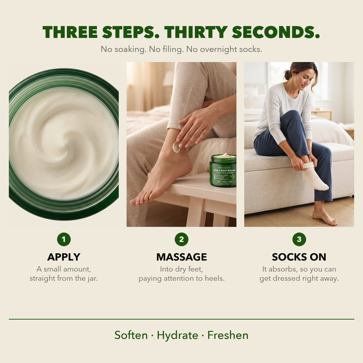 Three steps, thirty seconds: apply a small amount, massage into dry feet, socks straight back on. No soaking, no filing, no overnight socks