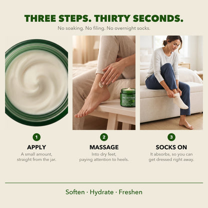 Three steps, thirty seconds: apply a small amount, massage into dry feet, socks straight back on. No soaking, no filing, no overnight socks